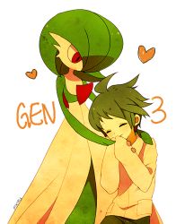 Rule 34 | 00s, 1boy, bad id, bad pixiv id, child, closed eyes, creatures (company), game freak, gardevoir, gen 3 pokemon, green hair, height difference, nintendo, pikiru, pokemon, pokemon (creature), pokemon rse, short hair, signature, simple background, wally (pokemon)