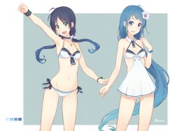 Rule 34 | 2girls, :d, ahoge, arm up, armpits, bare shoulders, bikini, blue eyes, blue hair, blue nails, blush, breasts, choker, cleavage, collarbone, dan (kumadan), flower, gluteal fold, hair flower, hair ornament, halterneck, jewelry, kantai collection, long hair, looking at viewer, low twintails, multiple girls, nail polish, navel, necklace, necktie, open mouth, sailor collar, samidare (kancolle), short necktie, side-tie bikini bottom, simple background, small breasts, smile, standing, suzukaze (kancolle), swimsuit, teeth, twintails, upper teeth only, very long hair, white bikini