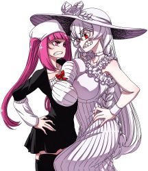 Rule 34 | 2girls, bleach, boots, braid, breast press, breasts, breasts squeezed together, crossover, dokugamine riruka, dress, fingernails, hands on own hips, hanya (hanya yashiki), hat, highres, large breasts, long eyelashes, long hair, long twintails, looking at another, mandator (ziga), multiple girls, pink eyes, pink hair, sharp teeth, side braids, standing, sun hat, sundress, teeth, thick eyelashes, thigh boots, tsundere, twintails, very long hair, white background, white dress, wide hips, ziga