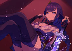 Rule 34 | 1girl, absurdres, braid, breasts, bridal gauntlets, cleavage, closed mouth, commentary request, crossed legs, dekubaba, dutch angle, electricity, genshin impact, hair ornament, highres, holding, holding sword, holding weapon, japanese clothes, katana, kimono, large breasts, light particles, long hair, looking at viewer, mitsudomoe (shape), mole, mole under eye, obi, obiage, obijime, purple eyes, purple hair, raiden shogun, ribbon, sash, simple background, sitting, solo, sword, thighhighs, tomoe (symbol), weapon, wide sleeves