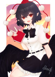 1girl :d absurdres belt bird_wings black_belt black_bow black_bowtie black_hair black_skirt black_wings bow bowtie buttons collared_shirt commentary_request feathered_wings frilled_skirt frills hat highres holding holding_notebook looking_at_viewer low_wings notebook open_mouth pointy_ears pom_pom_(clothes) puffy_short_sleeves puffy_sleeves red_eyes red_hat shameimaru_aya shirt short_hair short_sleeves sitting skirt smile solo tassel tokin_hat touhou untucked_shirt v white_shirt wings xxx_amane-mg