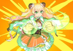 Rule 34 | 1girl, animal ears, animal hands, bear ears, bear paws, blonde hair, bow, bowtie, breasts, cleavage, cleavage cutout, clenched hands, clothing cutout, commentary request, corset, dress, energy, gloves, glowing hands, green eyes, hololive, hololive alternative, large breasts, looking at viewer, mochizuki maya, momosuzu nene, orange background, orange dress, paw gloves, simple background, smile, solo, two side up, v-shaped eyebrows, virtual youtuber, yellow background