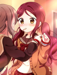 Rule 34 | 2girls, alternate hairstyle, blurry, blurry background, blush, bow, bowtie, brown eyes, brown hair, brown jacket, brown sailor collar, depth of field, food, food in mouth, hair ornament, hairclip, hand on another&#039;s shoulder, highres, indoors, jacket, long hair, long sleeves, love live!, love live! sunshine!!, low twintails, mouth hold, multiple girls, open clothes, open jacket, pipette1223, pocky, pocky kiss, red bow, red hair, red neckwear, sailor collar, sakurauchi riko, shared food, shirt, short hair, sleeves past wrists, solo focus, tareme, twintails, unbuttoned, upper body, watanabe you, white shirt, yuri