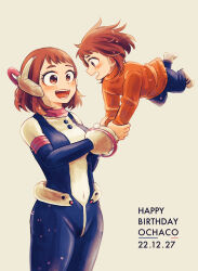 Rule 34 | 2girls, aged down, black shorts, blush, bodysuit, boku no hero academia, breasts, brown eyes, brown hair, character name, dated, happy birthday, highres, long sleeves, medium breasts, medium hair, multiple girls, open mouth, orange sweater, short hair, shorts, smile, sweater, tabetai omochi, uraraka ochako, white bodysuit