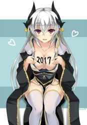 Rule 34 | 1girl, 2017, blush, body writing, breasts, cleavage, collarbone, commentary request, fate/grand order, fate (series), hair between eyes, heart, horns, japanese clothes, kimono, kiyohime (fate), kiyohime (third ascension) (fate), kurokage, large breasts, long hair, looking at viewer, obi, open mouth, red eyes, sash, silver hair, sitting, solo, thighhighs, twitter username, white thighhighs, wide sleeves