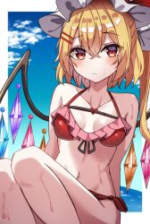 Rule 34 | 1girl, beach, bikini, blonde hair, breasts, cleavage, collarbone, commentary request, crystal, flandre scarlet, hat, highres, kiui (dagk8254), medium hair, midriff, mob cap, navel, outdoors, red bikini, red eyes, side ponytail, sitting, small breasts, solo, stomach, swimsuit, touhou, wet, white hat, wings