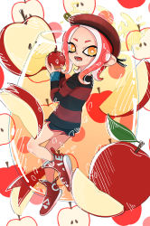 Rule 34 | 1girl, apple, apple juice, apple slice, beret, black sweater, commentary, cup, dolphin shorts, fang, floating, food, from side, fruit, full body, hat, highres, holding, holding food, holding fruit, juice, looking at viewer, looking back, medium hair, minato yodaka, nintendo, no socks, octoling, octoling girl, octoling player character, open mouth, orange eyes, oversized food, oversized object, red footwear, red hair, red hat, red sweater, red theme, shoes, short shorts, shorts, sneakers, solo, splatoon (series), squidbeak splatoon, striped clothes, striped sweater, suction cups, sweater, tentacle hair