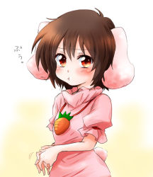 Rule 34 | 1girl, animal ears, blush, brown hair, carrot necklace, dress, inaba tewi, looking at viewer, necklace, own hands together, pout, puffy cheeks, puffy cheeks, rabbit ears, rabbit girl, rabbit tail, red eyes, short hair, shy, solo, tail, touhou, unya