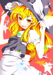 Rule 34 | 1girl, apron, bad id, bad pixiv id, blonde hair, bow, chorin, dress, female focus, hair ribbon, hat, holding, holding hat, kirisame marisa, long hair, open mouth, orange eyes, ribbon, smile, solo, star (symbol), touhou, witch, witch hat