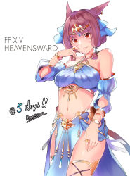 Rule 34 | 10s, 1girl, animal ears, bare shoulders, blush, bracelet, breasts, cat ears, cat girl, cat tail, circlet, cowboy shot, detached sleeves, earrings, facial mark, female focus, final fantasy, final fantasy xiv, highres, jewelry, large breasts, looking at viewer, midriff, miqo&#039;te, navel, pink hair, red eyes, retsuna, ring, short hair, sidelocks, simple background, slit pupils, smile, solo, tail, tiara, warrior of light (ff14), white background