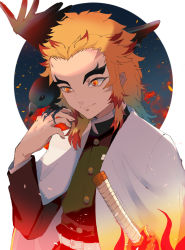 Rule 34 | 1boy, animal, animal on hand, bad id, bad pixiv id, belt, belt buckle, bird, black jacket, blonde hair, buckle, cape, closed mouth, commentary request, forehead, forked eyebrows, hand up, highres, jacket, katana, kayanogura, kimetsu no yaiba, long hair, long sleeves, looking away, male focus, multicolored hair, red hair, rengoku kyoujurou, smile, solo, streaked hair, sword, thick eyebrows, weapon, white belt, white cape