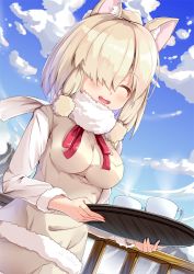 Rule 34 | 10s, 1girl, ^ ^, alpaca ears, alpaca suri (kemono friends), animal ears, blue sky, blush, breast pocket, closed eyes, cloud, cup, day, closed eyes, fence, fur-trimmed sleeves, fur collar, fur trim, hair over one eye, hair tie, holding, holding tray, impossible clothes, impossible sweater, kemono friends, long sleeves, mountain, outdoors, pocket, shiero., sky, solo, steam, sweater, tray