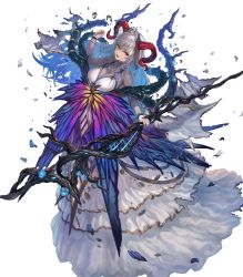Rule 34 | 1girl, bare shoulders, blue flower, blue hair, blue rose, breasts, cleavage, dress, female focus, fire emblem, fire emblem heroes, flower, freyja (fire emblem), full body, hair ornament, highres, holding, horns, large breasts, layered dress, layered skirt, long hair, long sleeves, multicolored hair, nintendo, official art, open mouth, red eyes, rose, silver hair, skirt, solo, staff, thorns, torn clothes, torn dress, transparent background, turtleneck, yoshiku (oden-usagi)