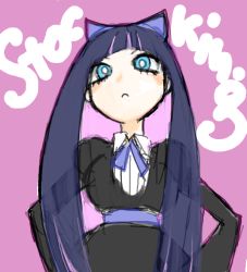 Rule 34 | 10s, 1girl, bad drawr id, bad id, blue eyes, bow, colored inner hair, drawr, frown, gothic lolita, hair bow, hands on own hips, lolita fashion, long hair, multicolored hair, oekaki, official style, panty &amp; stocking with garterbelt, solo, stocking (psg), two-tone hair