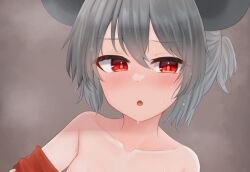 Rule 34 | 1girl, alternate costume, animal ears, blush, breasts, brown background, collarbone, commentary request, cowboy shot, dakuazu, grey hair, hair between eyes, jacket, looking at viewer, looking away, mouse ears, mouse girl, nazrin, nude, off shoulder, open mouth, portrait, red eyes, red jacket, removing jacket, short hair, short ponytail, simple background, small breasts, solo, steaming body, sweat, touhou, undressing, upper body, wet, wet hair