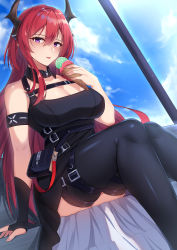 Rule 34 | 1girl, :p, arknights, armband, bare shoulders, black dress, black gloves, black thighhighs, blue sky, breasts, chapter0p, cleavage, cloud, commentary, day, dress, dutch angle, feet out of frame, fingerless gloves, food, gloves, hair between eyes, hand up, highres, holding, holding food, horns, ice cream, ice cream cone, large breasts, long hair, looking at viewer, pouch, purple eyes, red hair, sitting, sky, sleeveless, sleeveless dress, smile, solo, surtr (arknights), thighhighs, thighs, tongue, tongue out, very long hair