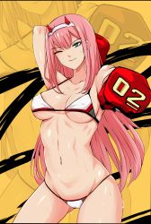 Rule 34 | 1girl, bare legs, bikini, boxer, boxing gloves, breasts, collarbone, covered erect nipples, curvy, darling in the franxx, demon horns, green eyes, hairband, highres, horns, long hair, looking at viewer, medium breasts, navel, nonoririn, one eye closed, pink hair, shiny skin, smile, sweat, swimsuit, yellow background, zero two (darling in the franxx)