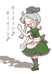 Rule 34 | 1girl, :d, ^ ^, blush stickers, dancing, dress, closed eyes, grey hair, hat, mary janes, open mouth, shoes, short hair with long locks, smile, socks, solo, teireida mai, touhou, translation request, zannen na hito