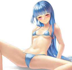Rule 34 | 1girl, 3:, bare shoulders, bikini, blue bikini, blue hair, blush, breasts, closed mouth, collarbone, furrowed brow, kotonoha aoi, kurione (zassou), long hair, navel, one side up, red eyes, shadow, sitting, small breasts, solo, spread legs, straight hair, swimsuit, thighs, underboob, very long hair, voiceroid