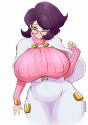 Rule 34 | 10s, 1girl, artist name, blush, breasts, capelet, contrapposto, covered erect nipples, creatures (company), earrings, female focus, game freak, glasses, green eyes, highres, huge breasts, jewelry, looking back, mkonstantinov, nintendo, pink-tinted eyewear, pink lips, pink shirt, pokemon, pokemon sm, purple hair, shirt, short hair, solo, star (symbol), star earrings, thick thighs, thighs, tinted eyewear, turtleneck, underbust, wicke (pokemon), wide hips