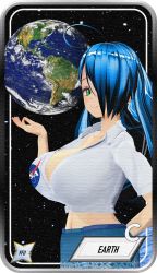 Rule 34 | 1girl, blue hair, breasts, card (medium), earth-chan, earth (planet), green eyes, highres, nasa, planet, smile, space, yfucards