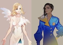 Rule 34 | 2017, 2girls, adapted costume, alternate costume, alternate hairstyle, arms at sides, artist name, asymmetrical clothes, bare shoulders, black hair, blonde hair, blue coat, blue eyes, braid, breasts, breasts apart, brown eyes, brown lips, closed mouth, coat, collarbone, dark-skinned female, dark skin, dated, dress, eye of horus, eyeliner, eyeshadow, facial mark, facial tattoo, hair down, hair tubes, hand on own hip, lips, lipstick, long sleeves, looking at another, makeup, mascara, medium breasts, mercy (overwatch), multiple girls, nose, overwatch, overwatch 1, pharah (overwatch), pink lips, psd, short hair, side braids, signature, single wing, tattoo, upper body, white dress, wings