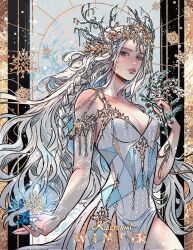Rule 34 | 1girl, bare shoulders, blush, braid, breasts, collarbone, dress, fantasy, flower, grey eyes, hair ornament, highres, ice, kalisami1, lips, long hair, looking at viewer, sleeveless, sleeveless dress, snowflakes, solo, thighs, white hair, winter