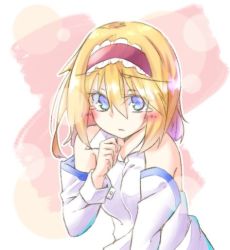 Rule 34 | 1girl, alice margatroid, blonde hair, blue eyes, blush, closed mouth, commentary request, detached sleeves, dondyuruma, hair between eyes, hairband, long sleeves, looking at viewer, multicolored background, short hair, solo, tears, touhou, upper body