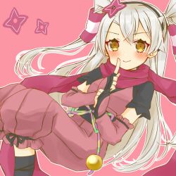 Rule 34 | 1girl, alternate costume, amatsukaze (kancolle), brown eyes, cocoperino, commentary request, gauntlets, hair tubes, hairband, japanese clothes, kantai collection, long hair, ninja, pink background, red scarf, scarf, short sleeves, shuriken, silver hair, simple background, solo, two side up, weapon