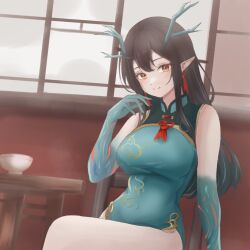 Rule 34 | 1girl, aqua dress, aqua horns, aqua skin, arknights, arm at side, black hair, bowl, breasts, brown eyes, chair, china dress, chinese clothes, closed mouth, colored skin, covered navel, dress, dusk (arknights), earrings, gold trim, hair between eyes, hand up, head tilt, horns, indoors, jewelry, long hair, looking at viewer, mameppu, medium breasts, multicolored hair, pointy ears, sidelocks, sitting, sleeveless, sleeveless dress, smile, solo, wooden chair