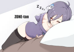 Rule 34 | bed, closed eyes, drill hair, drooling, hair over one eye, komo-d, long hair, off-shoulder sweater, off shoulder, pillow, purple hair, sleeping, sweater, thighhighs, zone-tan