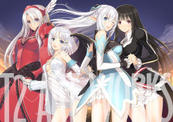 Rule 34 | 4girls, altina (shining blade), armor, armored dress, bare shoulders, black hair, blue eyes, blush, breasts, detached sleeves, dress, hairband, holding hands, kilmaria aideen, long hair, looking at viewer, multiple girls, one eye closed, open mouth, panis angelicus, purple eyes, red armor, roselinde, roselinde (shining blade), sega, shining (series), shining ark, shining blade, short hair, silver hair, tony taka, wings, wink