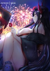 Rule 34 | 1girl, aerial fireworks, azur lane, bare shoulders, black hair, black kimono, black legwear, blush, breasts, commentary, english commentary, fireworks, flower, friedrich der grosse (azur lane), friedrich der grosse (dark raiments of gagaku) (azur lane), garter straps, hair flower, hair ornament, hand fan, highres, holding, holding fan, horns, japanese clothes, kimono, large breasts, long hair, long sleeves, looking away, manjuu (azur lane), off shoulder, parted lips, red flower, red horns, sitting, smile, solo, tnolize, very long hair, wide sleeves