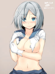 Rule 34 | 10s, 1girl, 2014, blue eyes, blush, breasts, covering privates, covering breasts, dated, gin&#039;ichi (akacia), gloves, hair ornament, hairclip, hamakaze (kancolle), highres, kantai collection, large breasts, looking at viewer, navel, short hair, silver hair, simple background, solo, torn clothes, twitter username, wavy mouth, white gloves