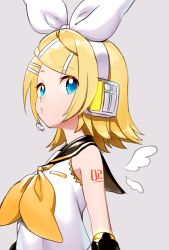 Rule 34 | 1girl, bare shoulders, black collar, black sleeves, blonde hair, blue eyes, bow, collar, detached sleeves, from side, grey background, hair bow, hair ornament, hairclip, headphones, headset, kagamine rin, looking at viewer, neckerchief, pursed lips, sailor collar, sawashi (ur-sawasi), school uniform, shirt, short hair, shoulder tattoo, simple background, swept bangs, tattoo, upper body, vocaloid, white bow, white shirt, wings, yellow neckerchief