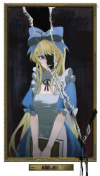 Rule 34 | 1girl, absurdres, alice (black souls), apron, black ribbon, black souls, blonde hair, blue bow, blue dress, blue eyes, book, bow, dress, hair bow, highres, holding, holding book, knife, long hair, looking at viewer, neck ribbon, parted lips, picture frame, puffy short sleeves, puffy sleeves, ribbon, short sleeves, sio2 (whynotkarma), smile, solo, very long hair, white apron