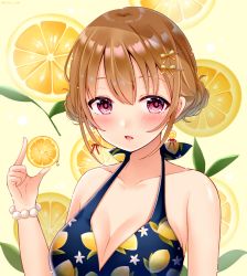 Rule 34 | 1girl, bare shoulders, bikini, blue bikini, blush, bow, bracelet, breasts, brown hair, cleavage, collarbone, commentary request, eyebrows hidden by hair, floral print, food, fruit, hair between eyes, hair bow, hair ornament, hairclip, hand up, holding, holding food, jewelry, lemon, lemon print, lemon slice, looking at viewer, medium breasts, original, parted lips, pearl bracelet, print bikini, red eyes, sakura hiyori, sidelocks, solo, striped, striped bow, swimsuit, yellow bow