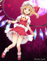 Rule 34 | 1girl, :d, aibumi, bad id, bad pixiv id, blonde hair, crystal, flandre scarlet, full moon, hat, highres, mary janes, mob cap, moon, open mouth, pen-zin, puffy short sleeves, puffy sleeves, red eyes, shoes, short sleeves, side ponytail, smile, solo, embodiment of scarlet devil, touhou, wings, wrist cuffs
