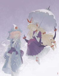 Rule 34 | 2girls, ^ ^, blonde hair, blue hat, blue kimono, bow, brown eyes, chin strap, closed eyes, closed mouth, cross-laced footwear, dress, elbow gloves, facing viewer, feet out of frame, floating hair, floral print, frilled kimono, frilled sleeves, frills, from side, full body, gap (touhou), gloves, gradient background, hair bow, hair over one eye, hair ribbon, hand up, hat, hat ribbon, hitodama, holding, holding umbrella, japanese clothes, kimono, long dress, long hair, long sleeves, looking at another, looking away, mob cap, multiple girls, no lineart, no nose, obi, one eye covered, parasol, petticoat, profile, puffy short sleeves, puffy sleeves, purple background, purple dress, purple sash, red bow, red ribbon, ribbon, ribbon trim, saigyouji yuyuko, sash, seeker, short sleeves, sideways mouth, signature, sitting, sleeves past fingers, sleeves past wrists, smile, standing, swept bangs, touhou, tress ribbon, triangular headpiece, two-tone background, umbrella, veil, very long hair, wavy hair, white footwear, white gloves, white hat, white umbrella, wide sleeves, yakumo yukari