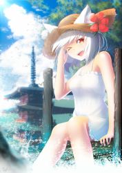Rule 34 | 1girl, alternate costume, animal ears, architecture, bad id, bad pixiv id, bird, blue sky, blurry, blurry background, breasts, cloud, day, depth of field, dock, dress, ears through headwear, east asian architecture, fang, flower, frilled dress, frills, hand in own hair, hat, hat flower, inubashiri momiji, light rays, looking at viewer, marusan, md5 mismatch, medium breasts, mountain, one eye closed, pagoda, rock, short dress, short hair, signature, silver hair, sitting, sky, smile, solo, sparkle, splashing, straw hat, summer, sun, sundress, sunlight, touhou, tree, water drop, white dress, wolf ears