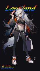 Rule 34 | 1girl, :d, alternate costume, animal ears, arknights, bag, bare shoulders, belt, black belt, black jacket, black pants, black shirt, character name, chinese commentary, commentary request, crop top, crop top overhang, english text, unworn eyewear, full body, grey eyes, hair between eyes, hair ornament, hairclip, hand up, head tilt, highres, holding, holding bag, holding removed eyewear, jacket, lappland (arknights), leggings, long hair, looking at viewer, midriff, navel, off shoulder, open clothes, open jacket, open mouth, pants, rainbow order, scar, scar across eye, scar on face, shirt, shoes, shopping bag, silver hair, sleeveless, sleeveless shirt, smile, sneakers, solo, standing, stitches, stomach, sunglasses, sunglasses removed, tail, thighs, very long hair, white footwear, wolf ears, wolf tail, yamakawa (huangquanmonu)