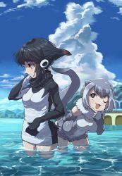 Rule 34 | 2girls, adelie penguin (kemono friends), animal ears, arm behind back, bent over, black hair, blue sky, brown eyes, brown hair, closed mouth, cloud, day, dress, elbow gloves, fingerless gloves, fur collar, gloves, grey hair, hand on own chin, hand up, headphones, highres, impossible hair, kemono friends, light smile, long sleeves, looking at another, medium hair, microdress, mountainous horizon, multicolored hair, multiple girls, one-piece swimsuit, one eye closed, open mouth, otter ears, otter girl, otter tail, outdoors, semikouen, sky, small-clawed otter (kemono friends), smile, stroking own chin, swimsuit, tail, two-tone hair, v-shaped eyebrows, wading, water