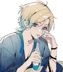 Rule 34 | 1boy, arm tattoo, blonde hair, blue eyes, blue hair, blue lock, blue shirt, bottle, collarbone, drinking straw, drinking straw in mouth, hand up, holding, holding bottle, long hair, looking at viewer, male focus, michael kaiser, shirt, shizuka000217, simple background, solo, tattoo, upper body, white background