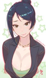 Rule 34 | 1girl, arms behind back, bijin onna joushi takizawa-san, black hair, blazer, bouncing breasts, breasts, brown eyes, business suit, cleavage, commentary, earrings, english commentary, formal, hair bun, highres, jacket, jewelry, large breasts, looking at viewer, mature female, mole, mole under mouth, necklace, office lady, single hair bun, smile, solo, star (symbol), starry background, suit, swept bangs, takizawa kyouko, twitter username, upper body, yonezawa mao