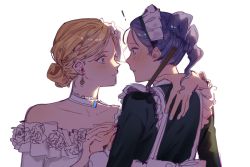 Rule 34 | !, 2girls, apron, black shirt, blonde hair, blush, closed mouth, dress, earrings, eye contact, from side, hair bun, identity v, jewelry, looking at another, maid, maid headdress, multiple girls, parted lips, purple hair, shirt, simple background, single hair bun, white apron, white background, white dress, yp (pypy 5 )