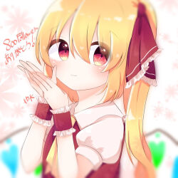 Rule 34 | 1girl, :3, ascot, blonde hair, closed mouth, collared shirt, flandre scarlet, hair between eyes, long hair, looking at viewer, milestone celebration, multicolored wings, no headwear, puffy short sleeves, puffy sleeves, red eyes, red vest, shihara hazuki 816, shirt, short sleeves, solo, touhou, upper body, vest, white shirt, wings, wrist cuffs, yellow ascot