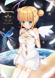 Rule 34 | 1girl, angel, angel wings, bird, blonde hair, blue eyes, blunt bangs, blush, breasts, cleavage, closed mouth, double bun, dress, earth (planet), feathers, finger to mouth, frilled dress, frills, garter straps, hair bun, highres, looking at viewer, medium breasts, original, planet, short dress, sidelocks, skin tight, skindentation, smile, solo, space, takapii, thighhighs, white dress, white feathers, white thighhighs, wings