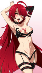 Rule 34 | 1girl, ahoge, armpits, arms up, bad id, bad pixiv id, bare arms, bare shoulders, black bra, black gloves, black panties, bloody queen (elsword), blunt bangs, blush, bra, breast tattoo, breasts, collarbone, cowboy shot, elbow gloves, elesis (elsword), elsword, empty eyes, facepaint, female pubic hair, garter straps, gloves, gradient background, groin, heart, heart-shaped pupils, long hair, looking at viewer, medium breasts, navel, nipple slip, nipples, nt00, open mouth, orange eyes, panties, pink background, pubic hair, pubic hair peek, red hair, single glove, solo, stomach, straight hair, symbol-shaped pupils, tattoo, thigh strap, tongue, tongue out, underwear, underwear only, very long hair