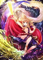 Rule 34 | 1girl, anklet, armpits, bare arms, belt, blonde hair, bracelet, cape, dragon, earmuffs, glowing, glowing weapon, headphones, highres, jewelry, lots of jewelry, makuwauri, open mouth, outstretched arm, outstretched hand, ritual baton, shirt, skirt, sleeveless, sleeveless shirt, smile, solo, sword, touhou, toyosatomimi no miko, weapon, yellow eyes
