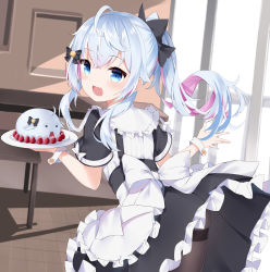 Rule 34 | 1girl, :d, absurdres, ahoge, apron, bell, black bow, black dress, blue eyes, blue hair, blush, bow, brown pantyhose, commentary request, copyright request, dress, fang, food, frilled apron, frilled dress, frills, fruit, fuyuki030, hair bell, hair between eyes, hair bow, hair ornament, highres, holding, holding tray, indoors, jingle bell, leaning forward, long hair, looking at viewer, looking back, multicolored hair, nail polish, open mouth, pantyhose, pink hair, pink nails, ponytail, shirt, short sleeves, smile, solo, strawberry, sweat, thighband pantyhose, tray, two-tone hair, virtual youtuber, white apron, white bow, white shirt, wrist cuffs